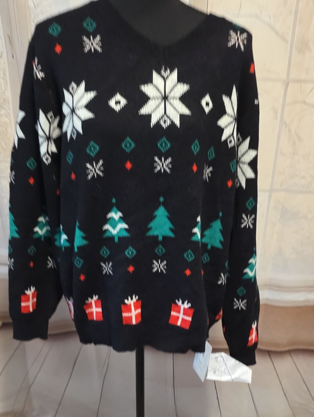 Kohl's Black Crewneck Holiday Sweater with Green Trees & Red Gifts